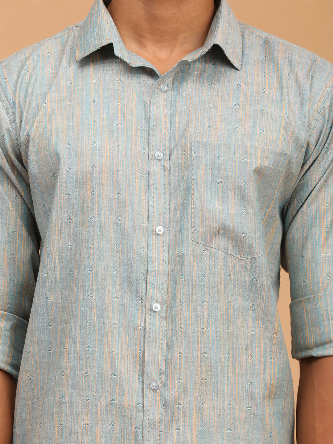 Men's Blue Cotton Straight Ethnic Shirt
