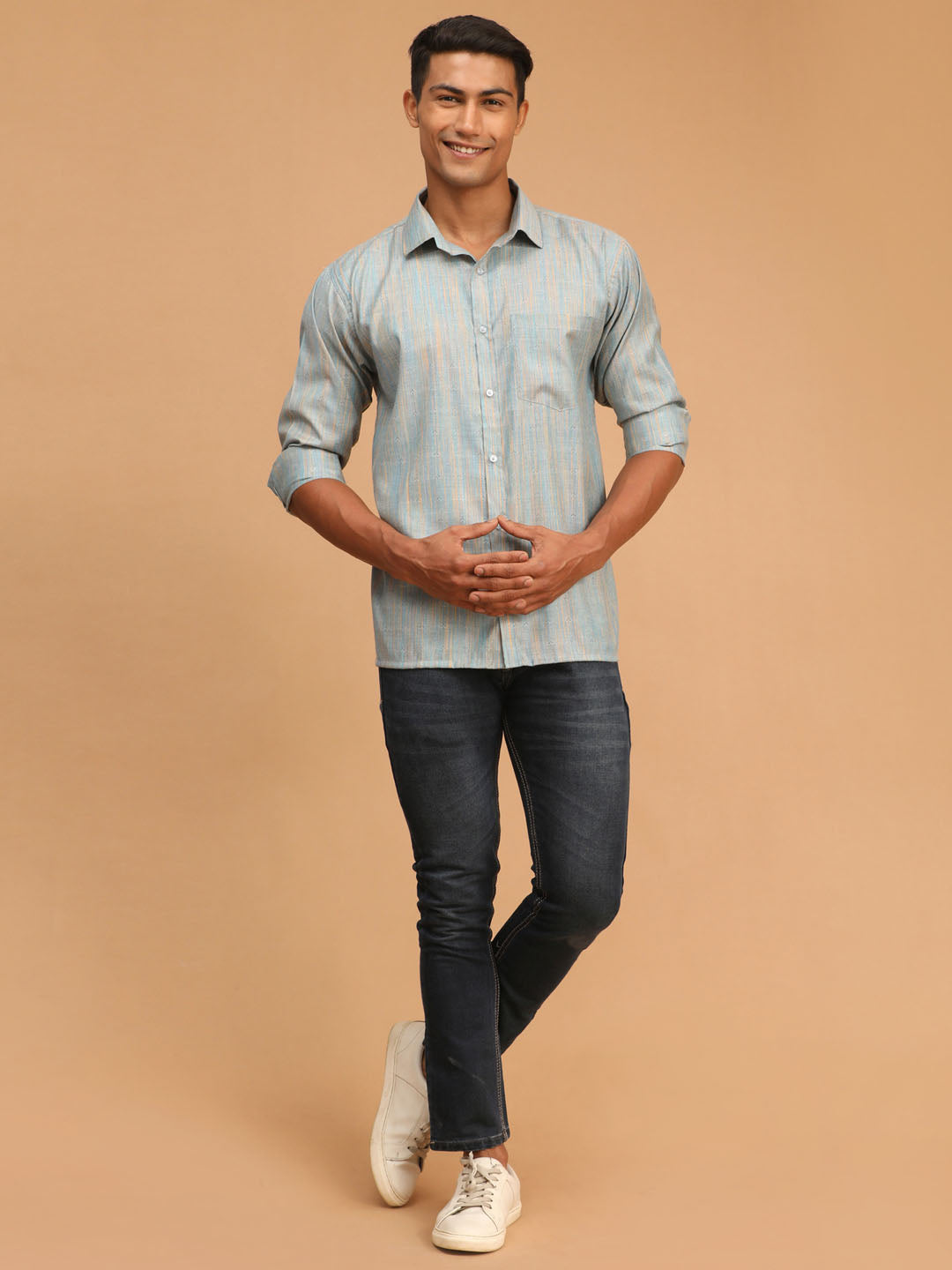 Men's Blue Cotton Straight Ethnic Shirt