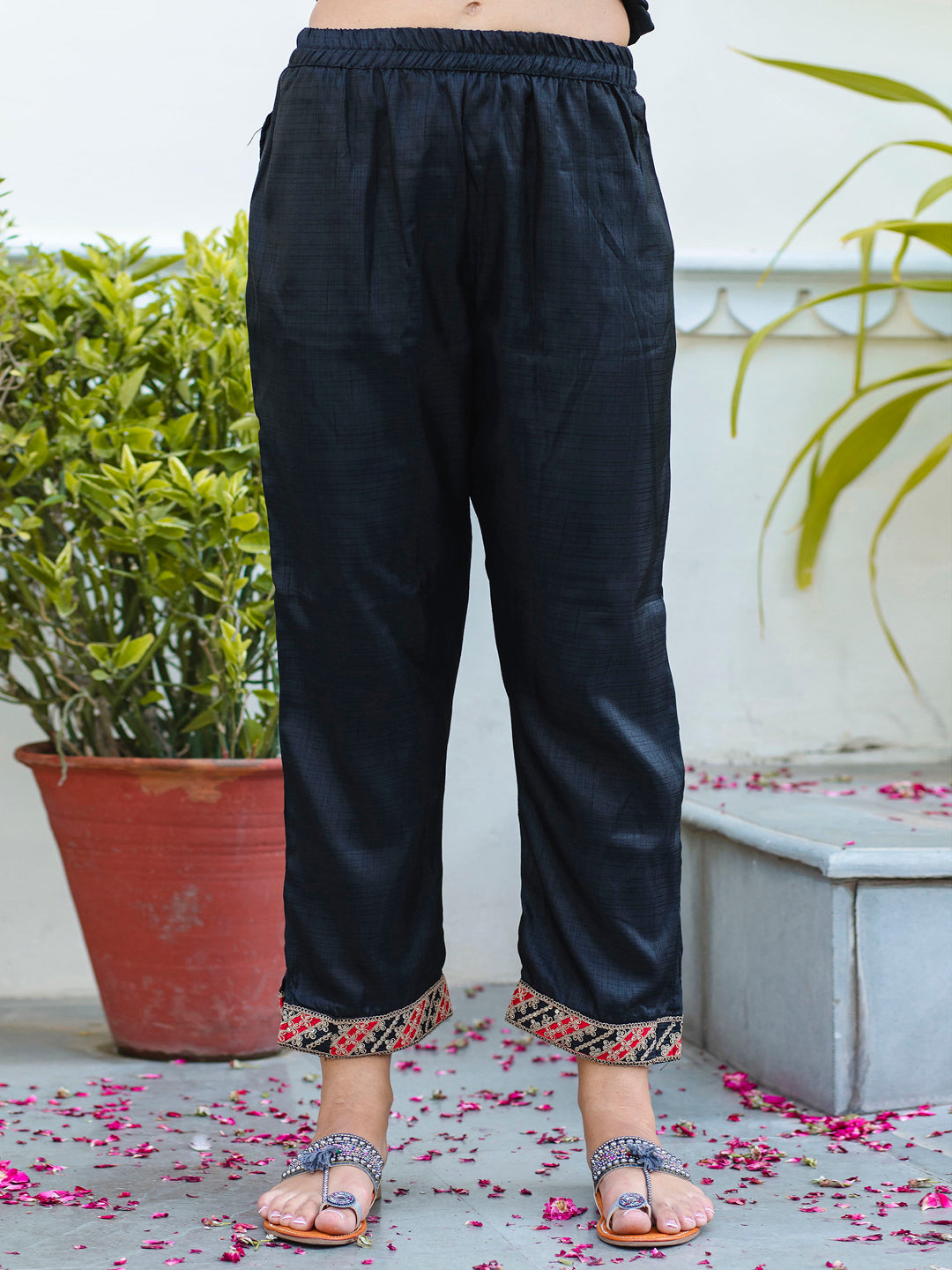 Dhiyona VV Women's Embroidered Silk Blend Calf Length Straight Kurta Trouser with Dupatta Set