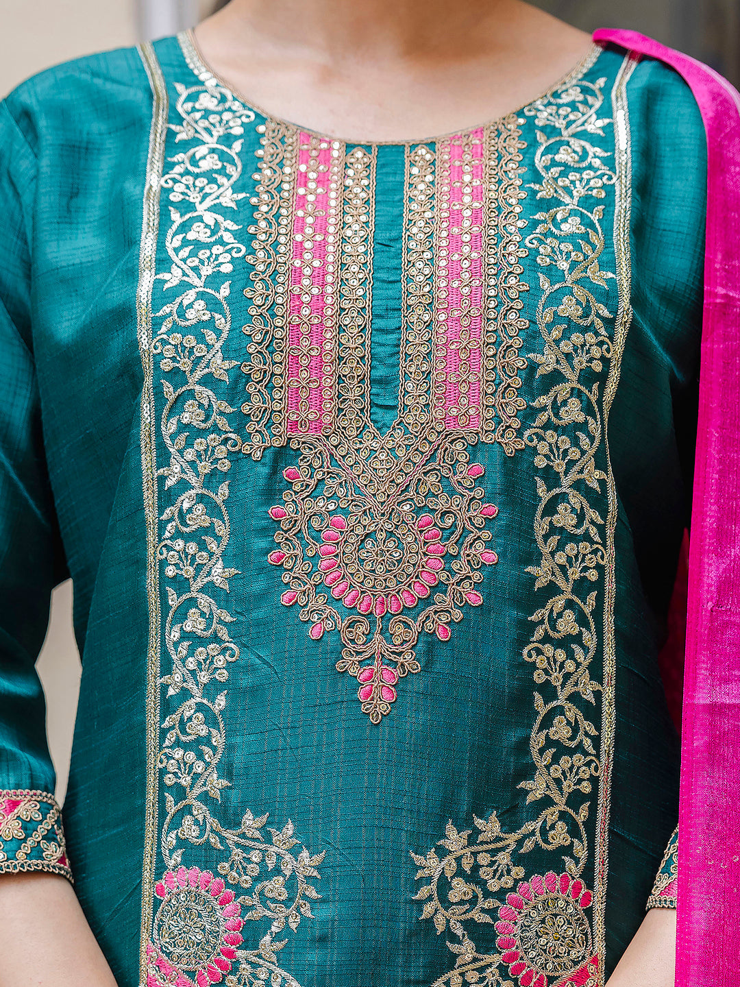 Dhiyona VV Women's Embroidered Silk Blend Calf Length Straight Kurta Trouser with Dupatta Set