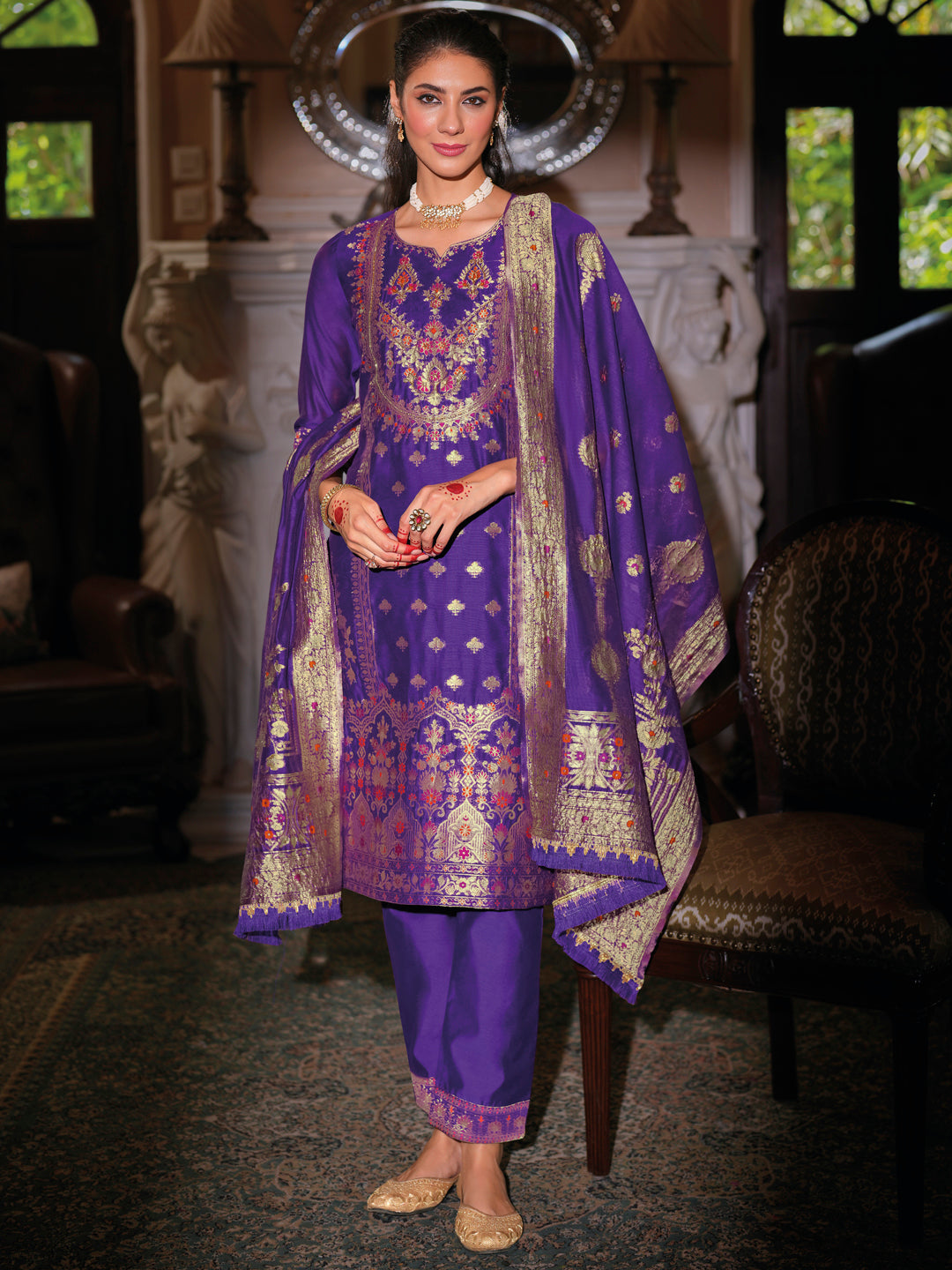 Dhiyona VV Women's Silk Blend Kurta Pant Dupatta Set
