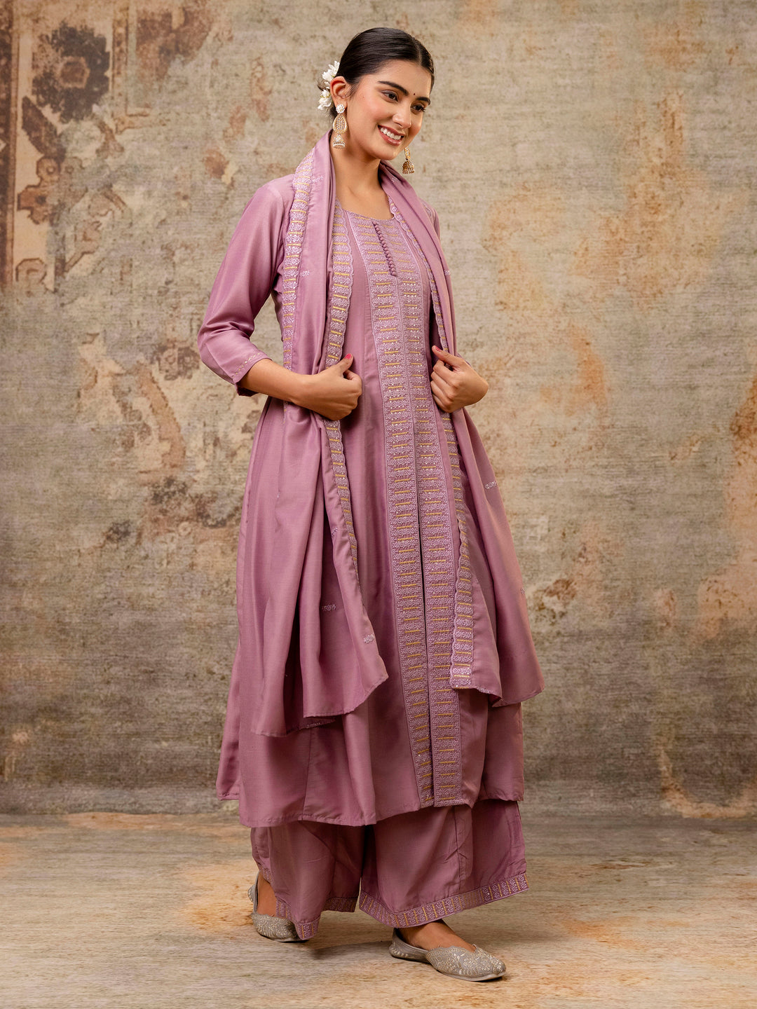 Dhiyona VV Women's Embroidered Silk Blend Calf Length Flare Kurta with Palazzo & Dupatta Set