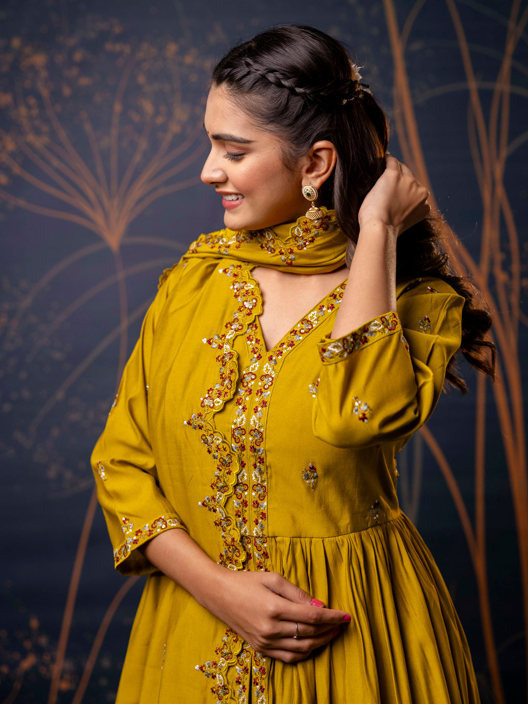 Dhiyona VV Women's Embroidered Silk Blend Calf Length Flare Kurta with Palazzo & Dupatta Set