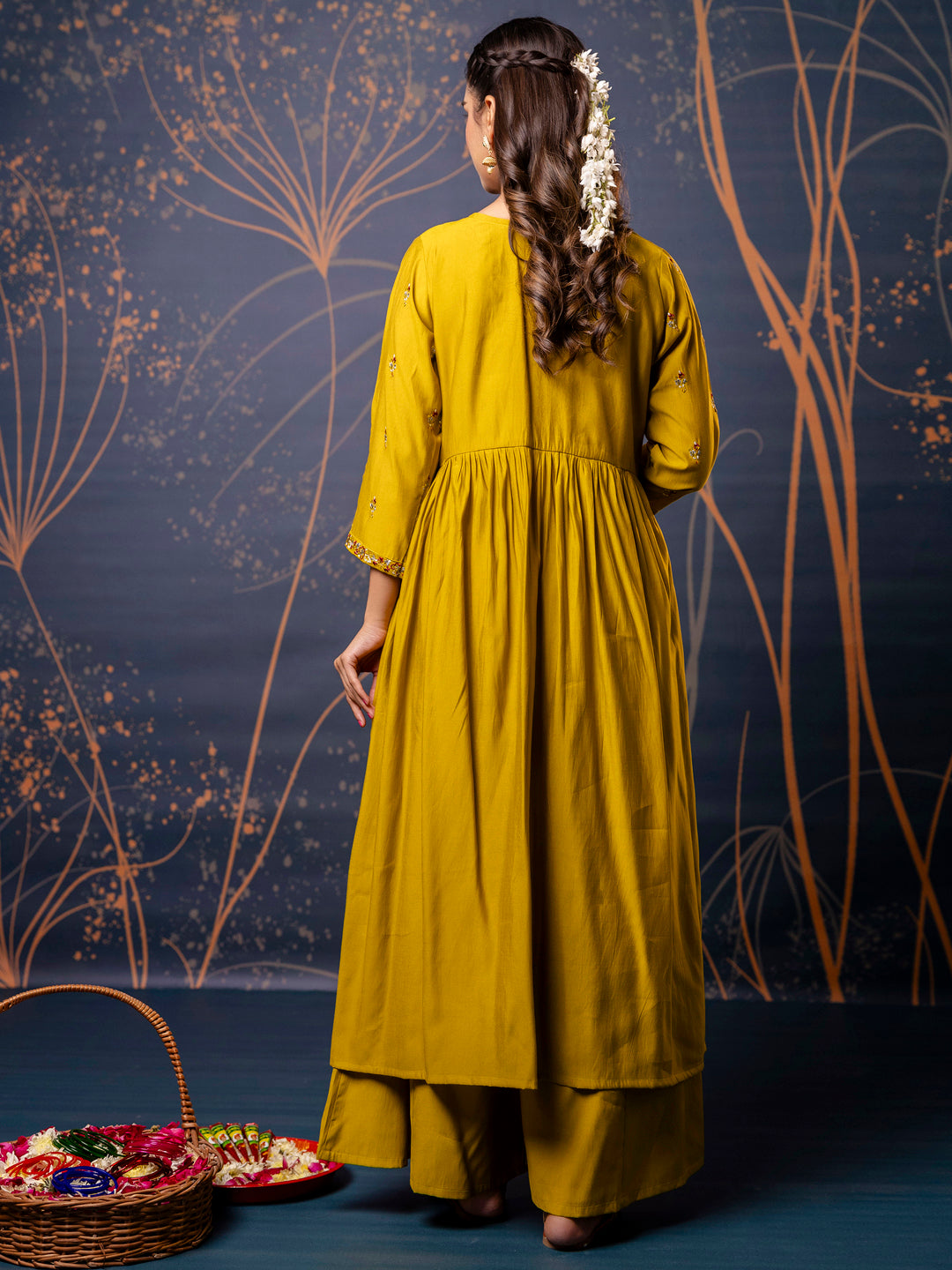 Dhiyona VV Women's Embroidered Silk Blend Calf Length Flare Kurta with Palazzo & Dupatta Set