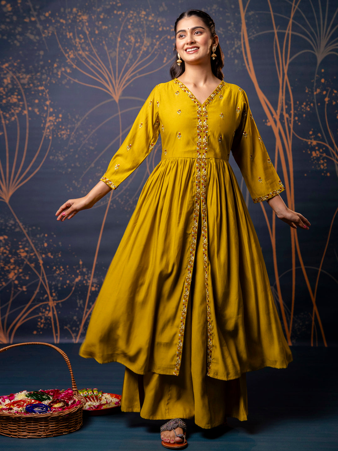Dhiyona VV Women's Embroidered Silk Blend Calf Length Flare Kurta with Palazzo & Dupatta Set