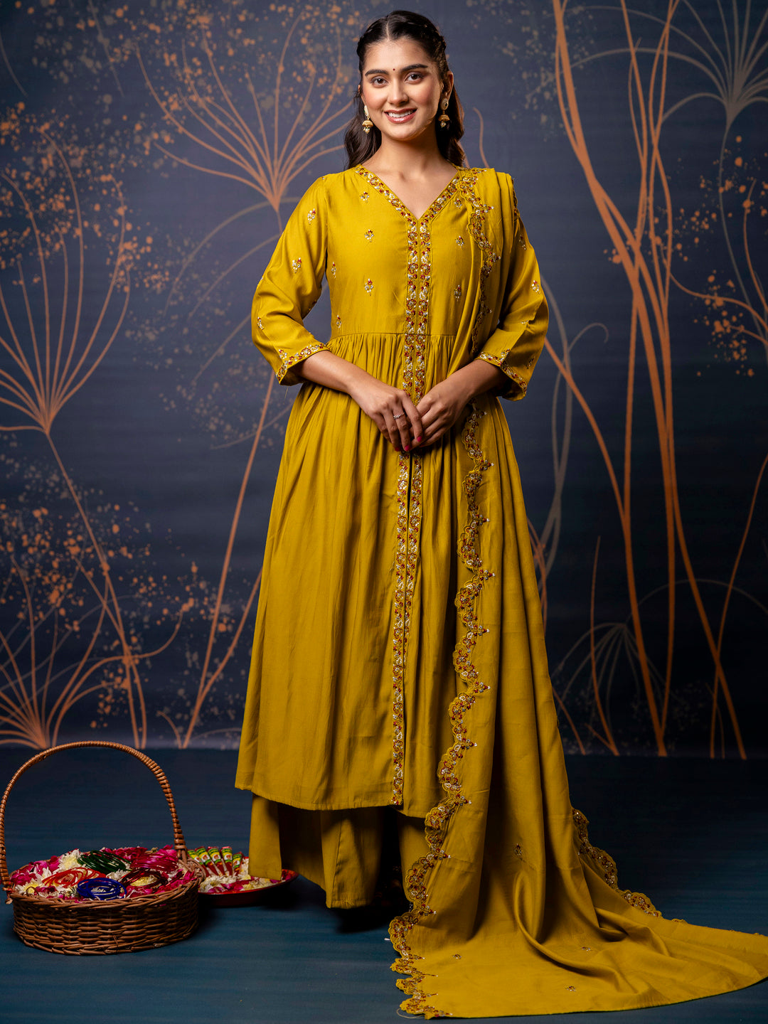 Dhiyona VV Women's Embroidered Silk Blend Calf Length Flare Kurta with Palazzo & Dupatta Set
