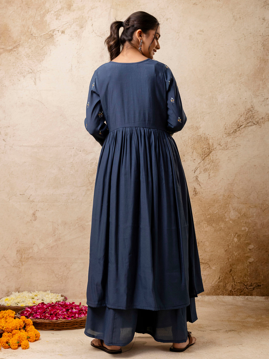 Dhiyona VV Women's Embroidered Silk Blend Calf Length Flare Kurta with Palazzo & Dupatta Set