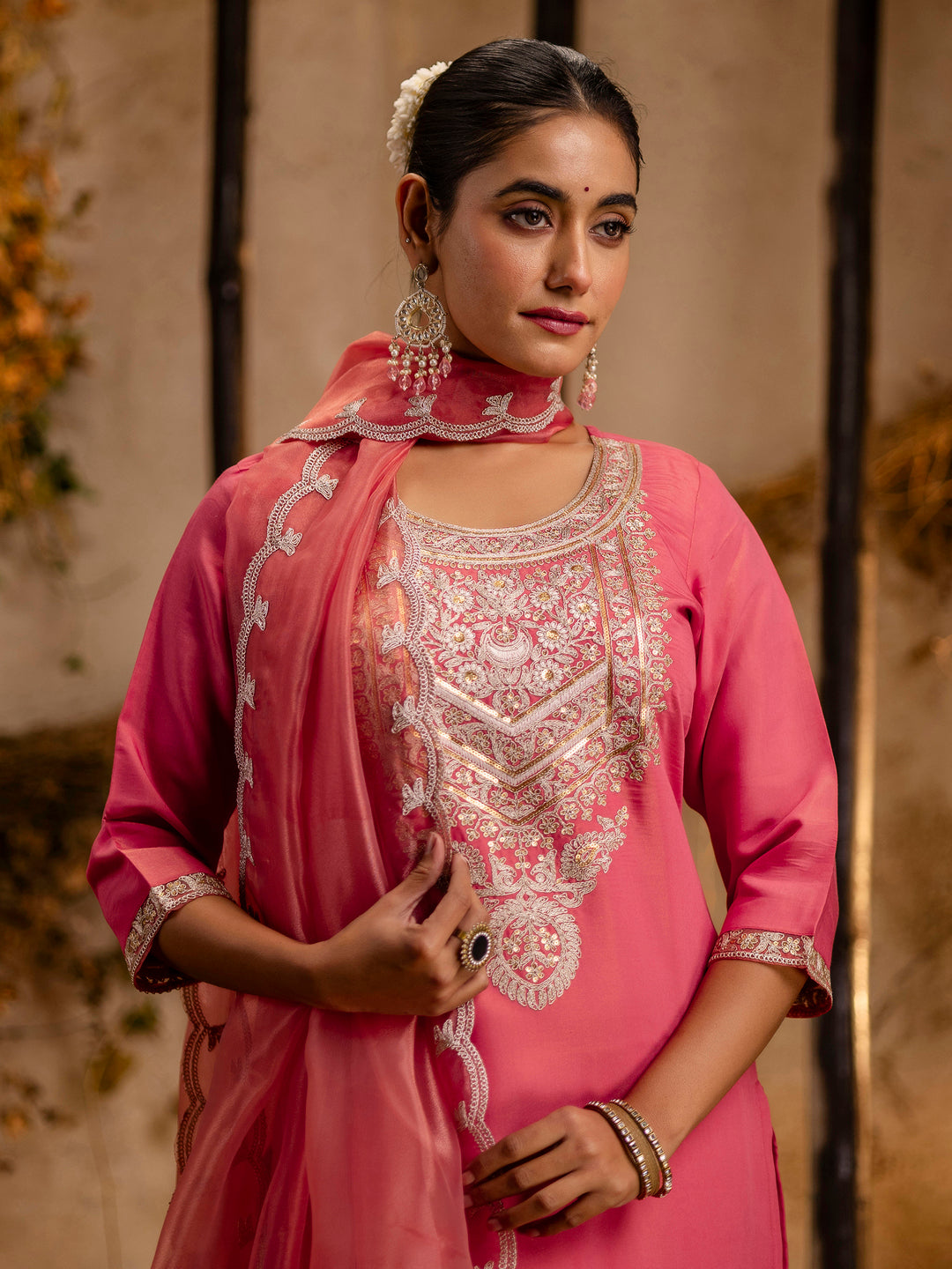 Dhiyona VV Women's Embroidered Silk Blend Calf Length Straight Kurta Trouser with Dupatta Set