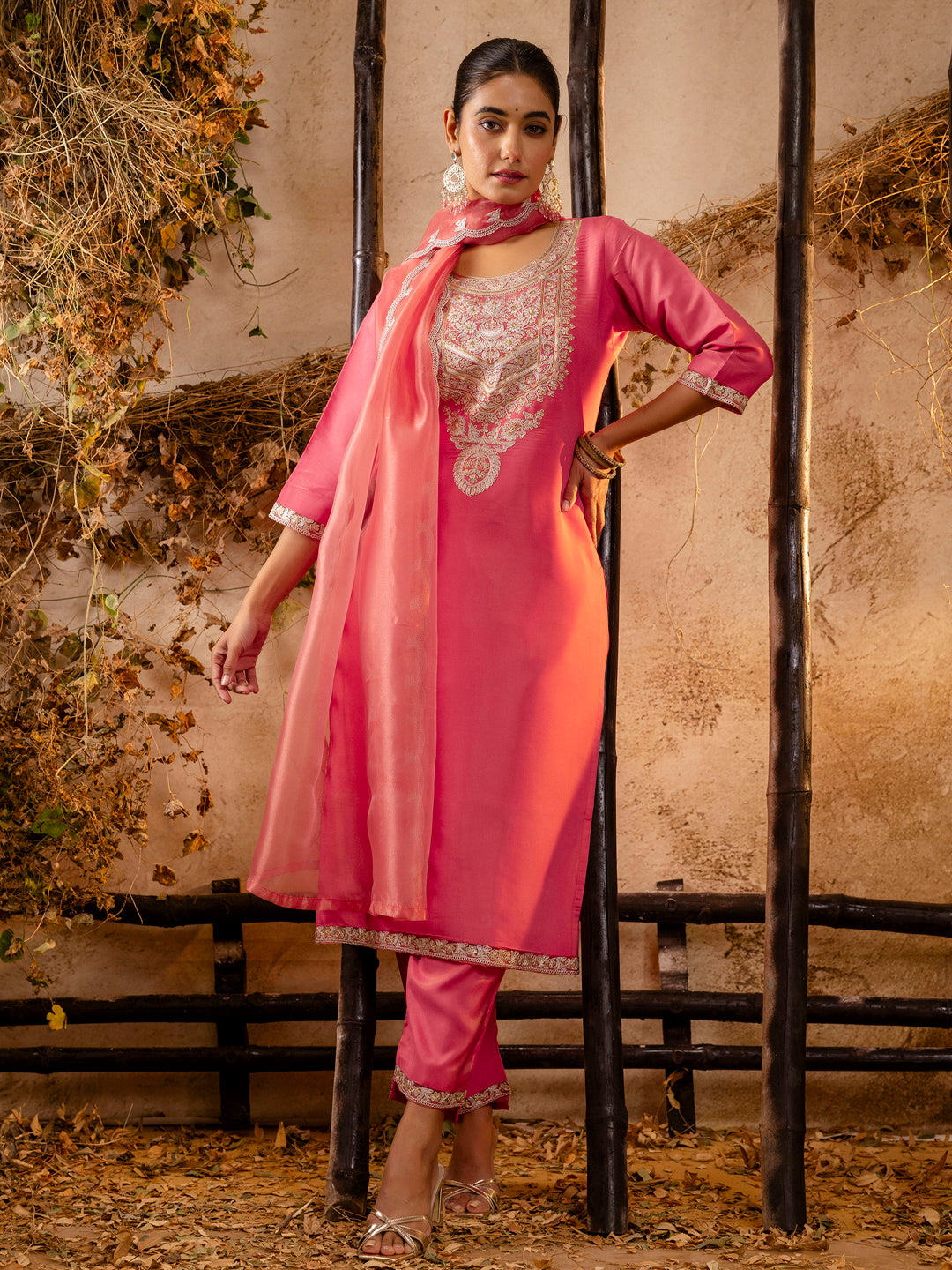 Dhiyona VV Women's Embroidered Silk Blend Calf Length Straight Kurta Trouser with Dupatta Set