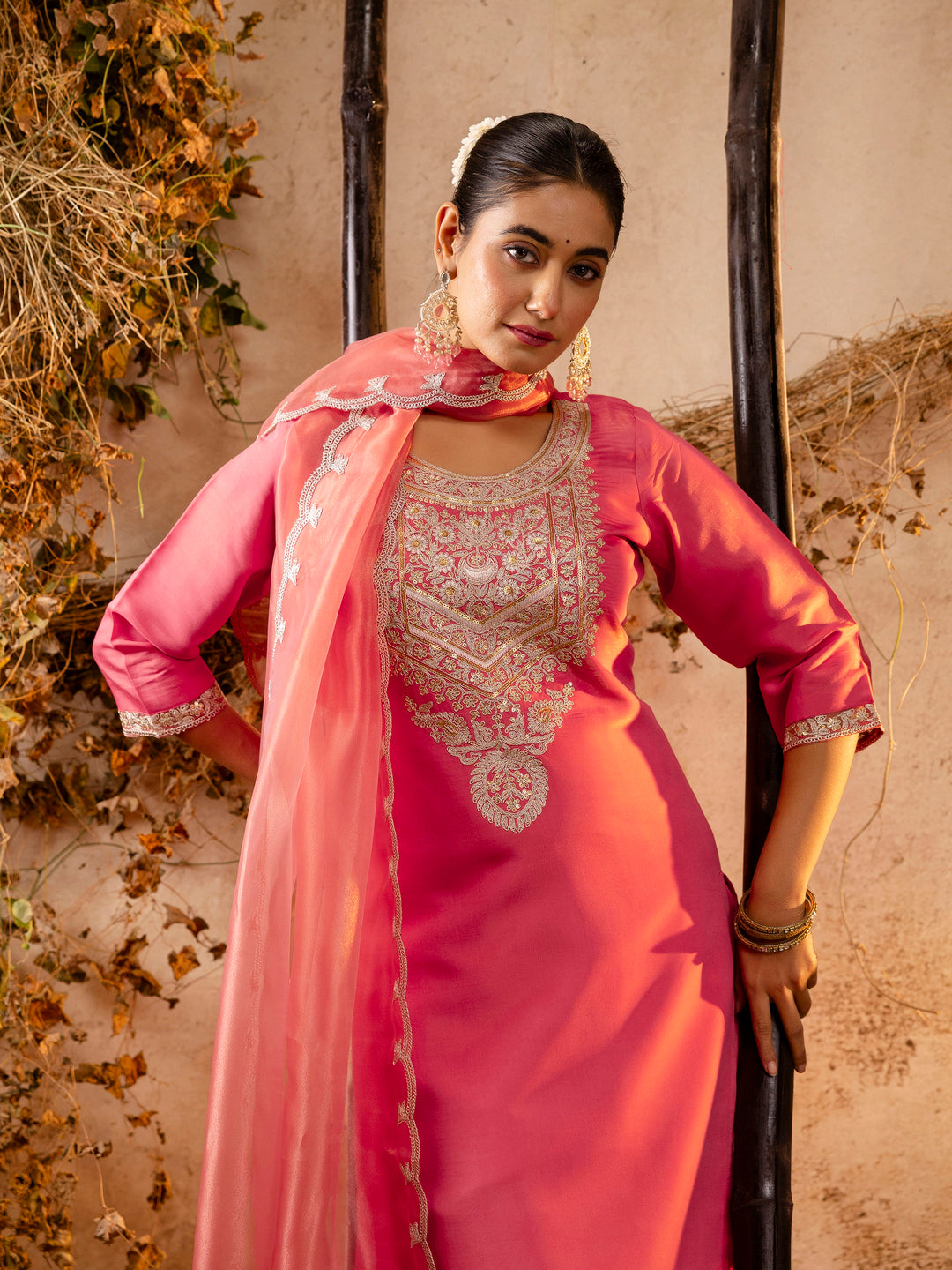 Dhiyona VV Women's Embroidered Silk Blend Calf Length Straight Kurta Trouser with Dupatta Set