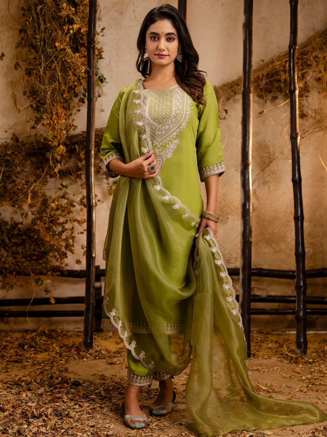Dhiyona VV Women's Embroidered Silk Blend Calf Length Straight Kurta Trouser with Dupatta Set