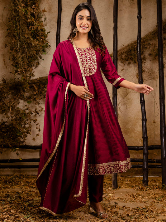 Dhiyona VV Women's Embroidered Silk Blend Anarkali Kurta Pant With Dupatta Set