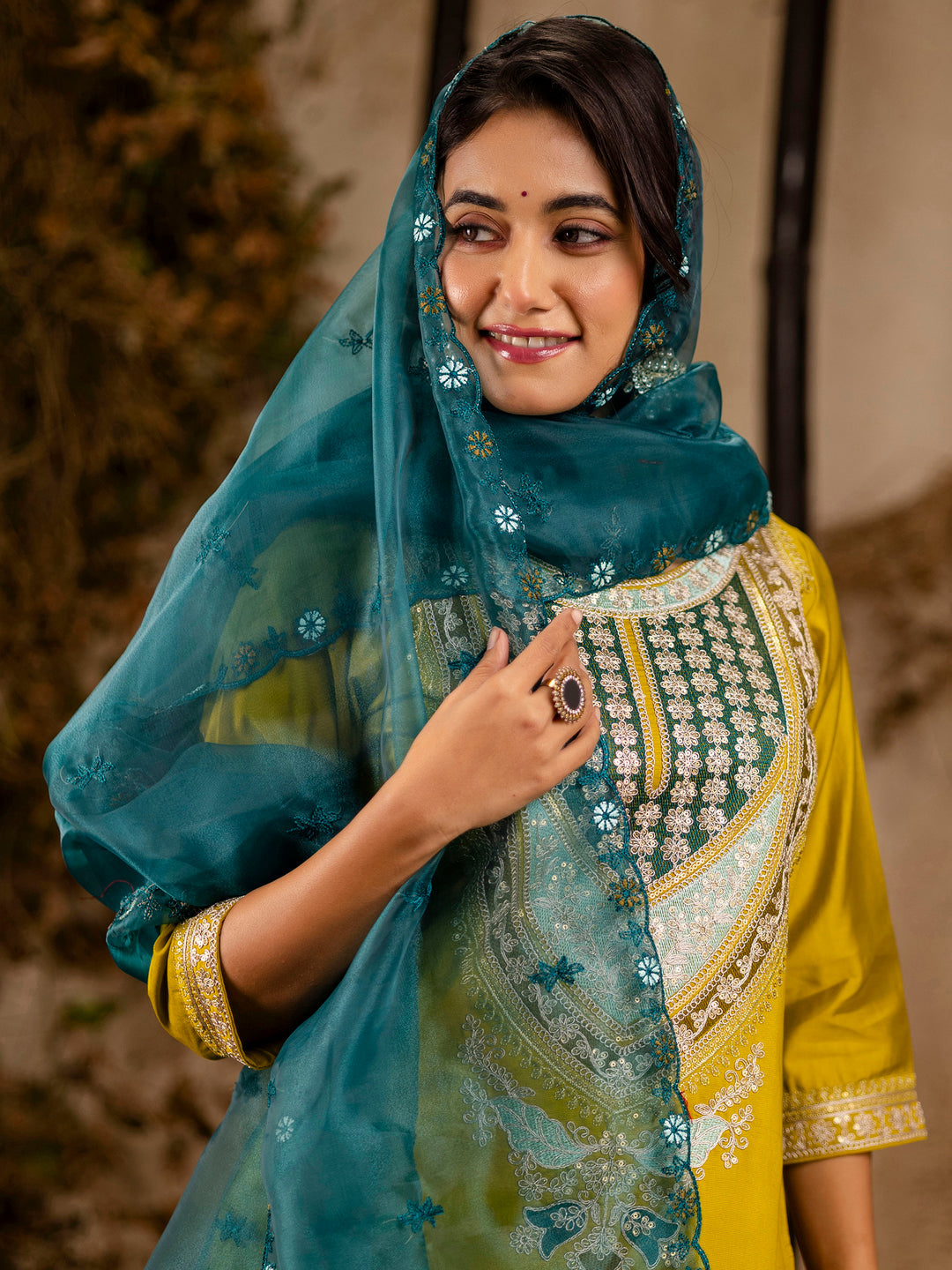 Dhiyona VV Women's Embroidered Viscose Rayon Calf Length Straight Kurta Trouser with Dupatta Set