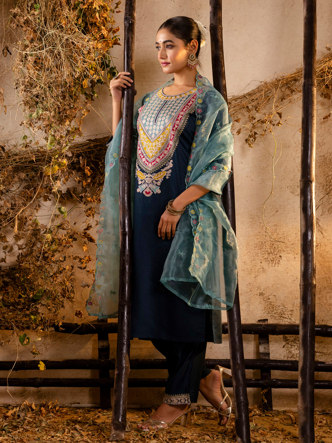 Dhiyona VV Women's Embroidered Viscose Rayon Calf Length Straight Kurta Trouser with Dupatta Set