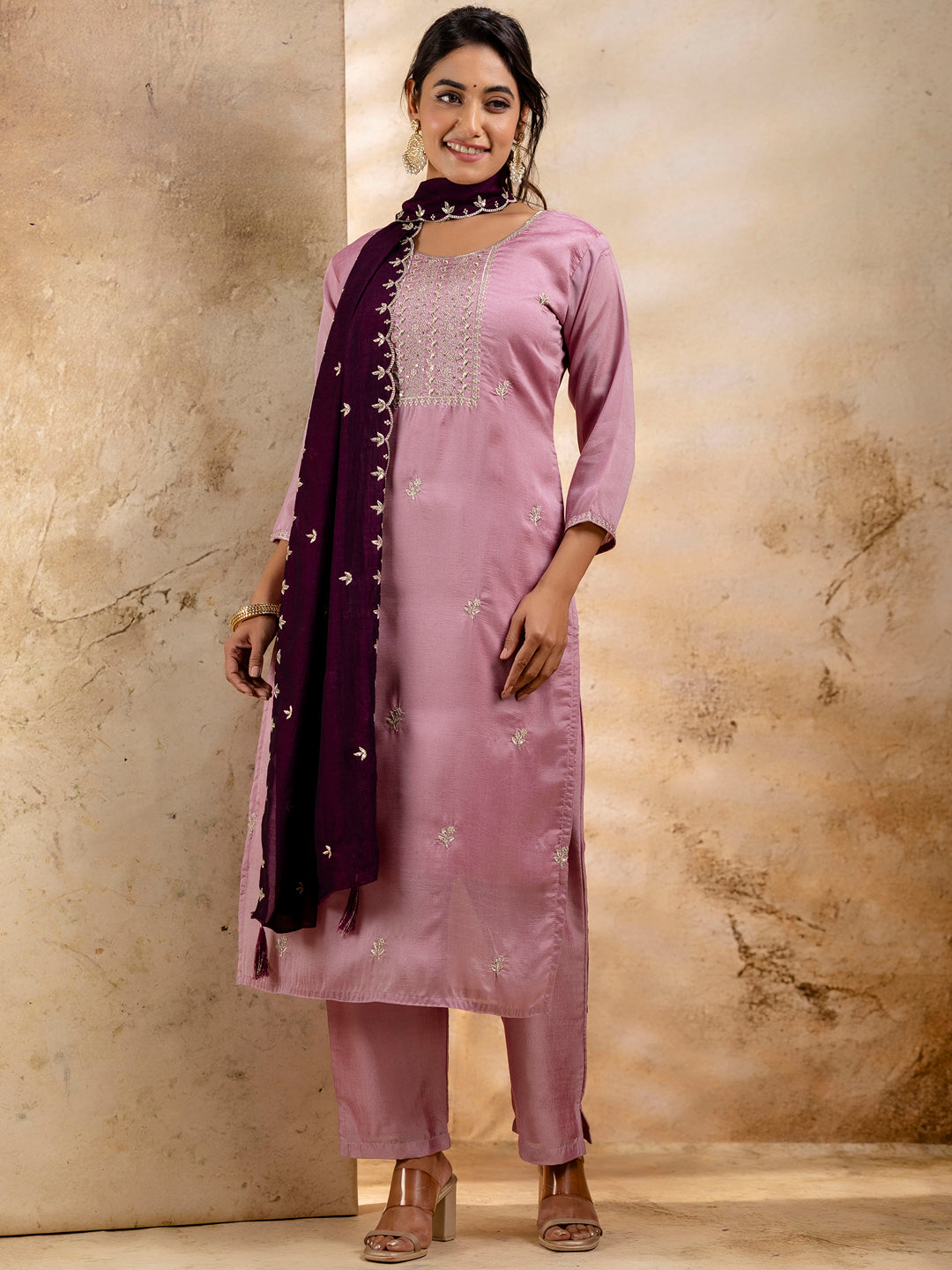 Dhiyona VV Women's Embroidered Silk Blend Kurta Pant Sets With Dupatta