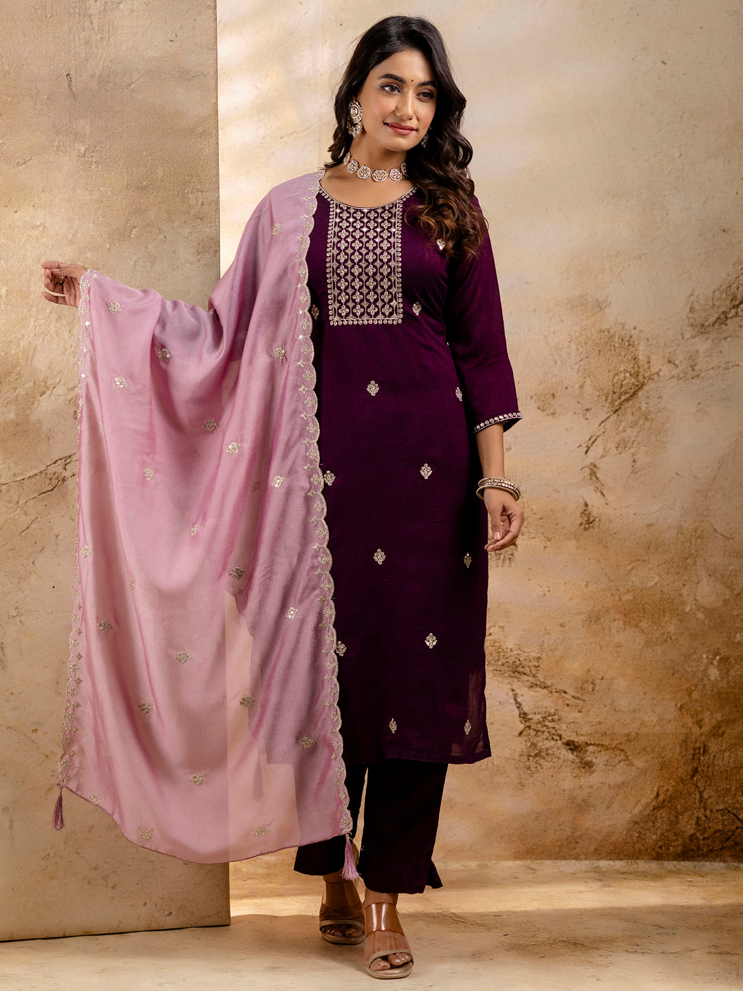 Dhiyona VV Women's Embroidered Silk Blend Kurta Pant Sets With Dupatta