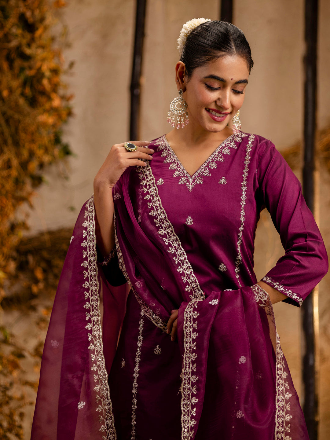 Dhiyona VV Women's Embroidered Silk Blend Calf Length Straight Kurta Trouser with Dupatta Set
