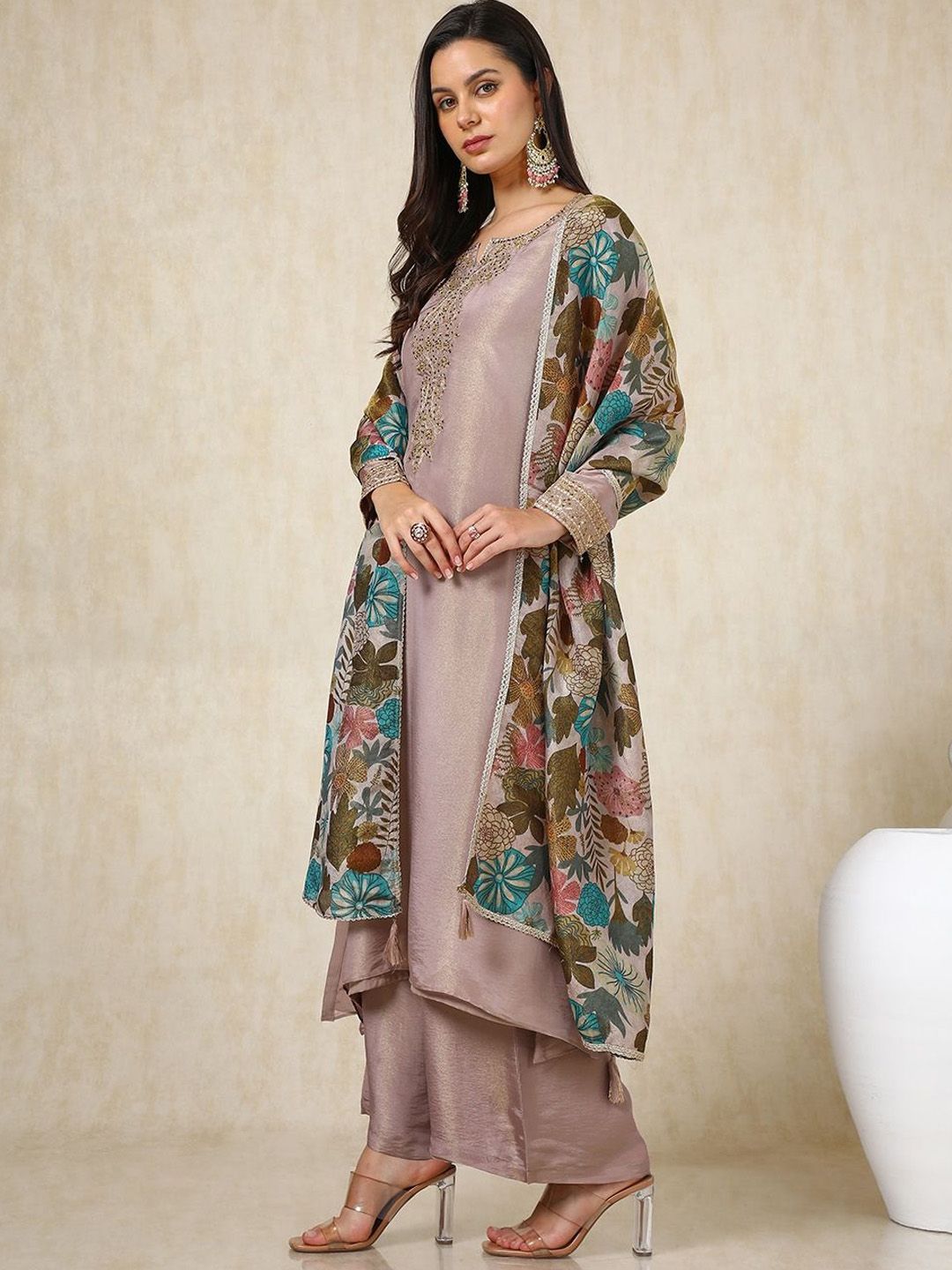 Dhiyona SO Women's Floral Embroidered Beads and Stones Straight Kurta with Palazzos & Dupatta
