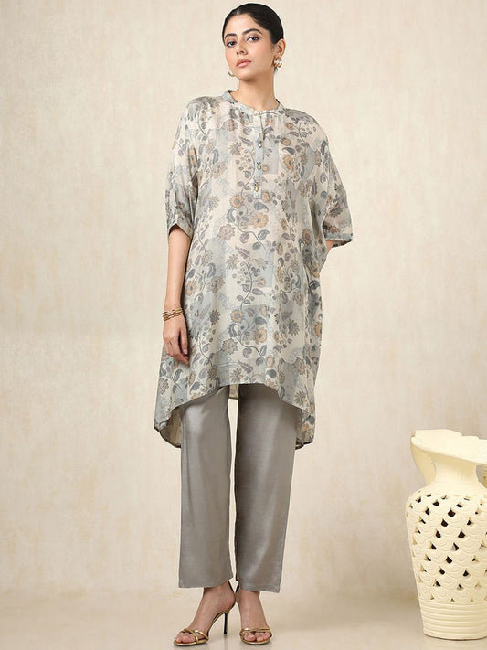 Dhiyona SO Women's Floral Printed Mandarin Collar Kaftan Pure Cotton Kurta With Trousers