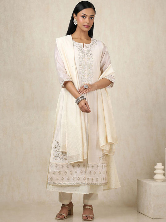 Dhiyona SO Women's Alina Cut Floral Embroidered Thread Work Chanderi Silk A-Line Kurta With Trousers & Dupatta