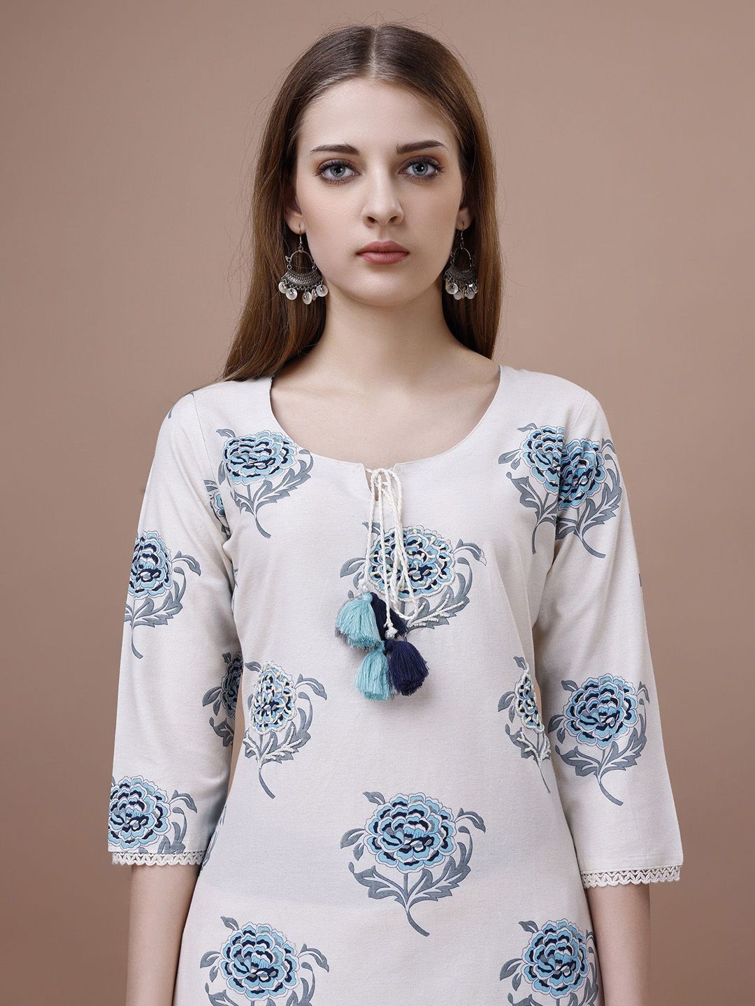 Dhiyona OD Floral Printed Tie-Up Neck Cotton Straight Kurta