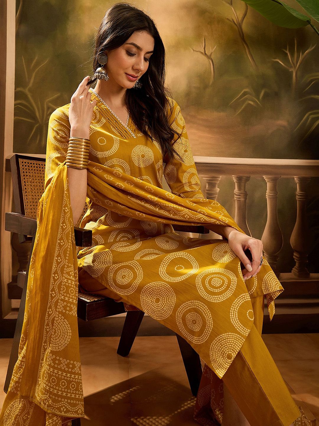 Dhiyona SN Women's Bandhani Printed Pure Cotton Straight Kurta With Trousers & Dupatta Set