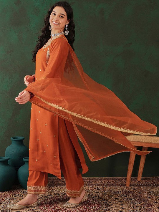 Women's Floral Embroidered Zari Straight Kurta & Trouser With Dupatta