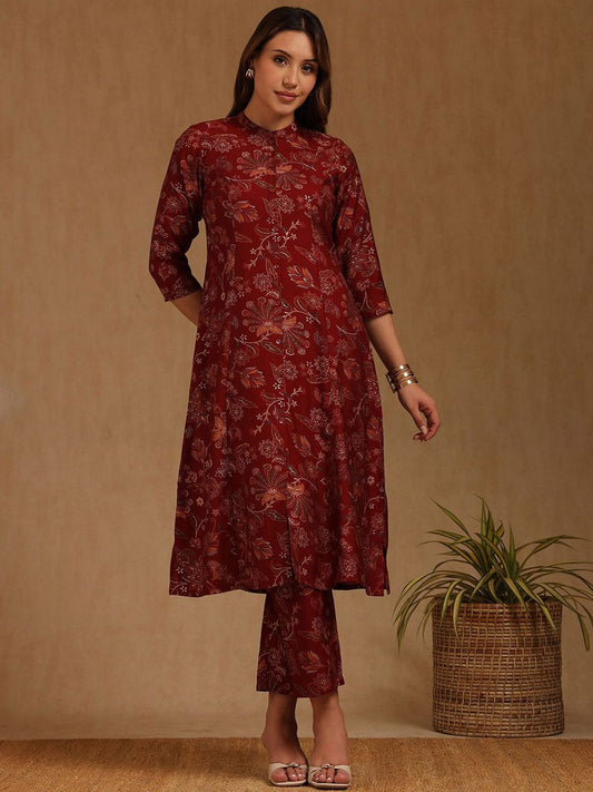 Dhiyona SO Women's Floral Printed Panelled Mandarin Collar A-Line Kurta With Trousers