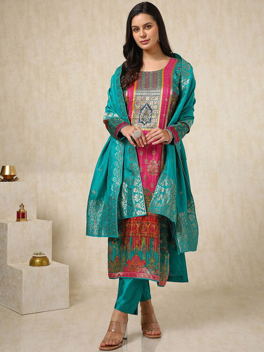 Dhiyona SO Women's Ethnic Motifs Printed Mirror Work Straight Kurta with Trousers & Dupatta