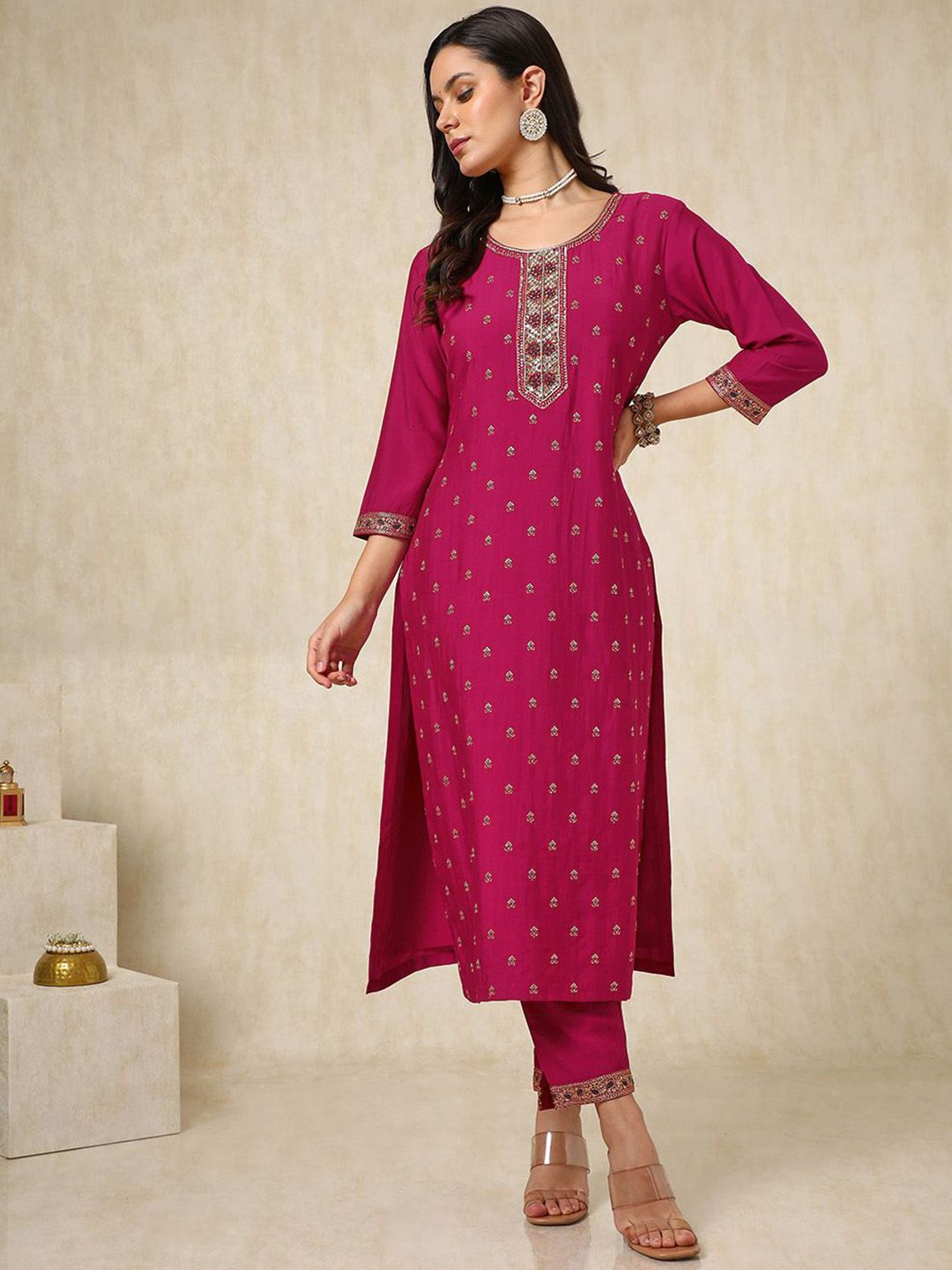 Dhiyona SO Women's Ethnic Motifs Embroidered Zardozi Straight Kurta with Trousers & Dupatta