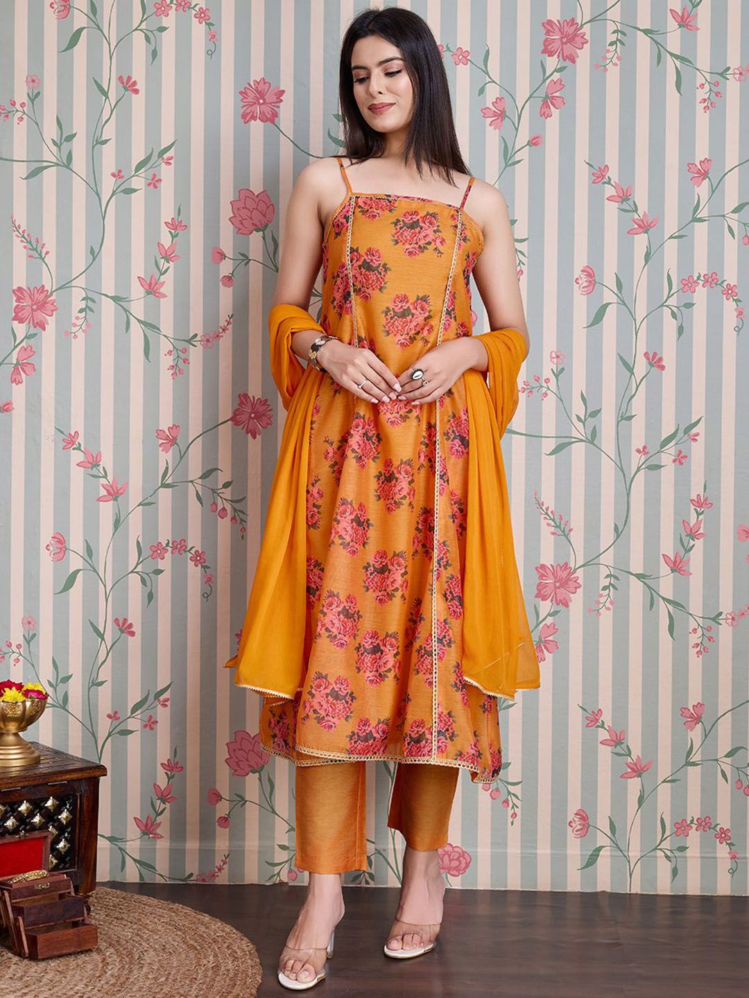 Dhiyona OD Printed Pure Cotton Anarkali Kurta with Trousers & With Dupatta