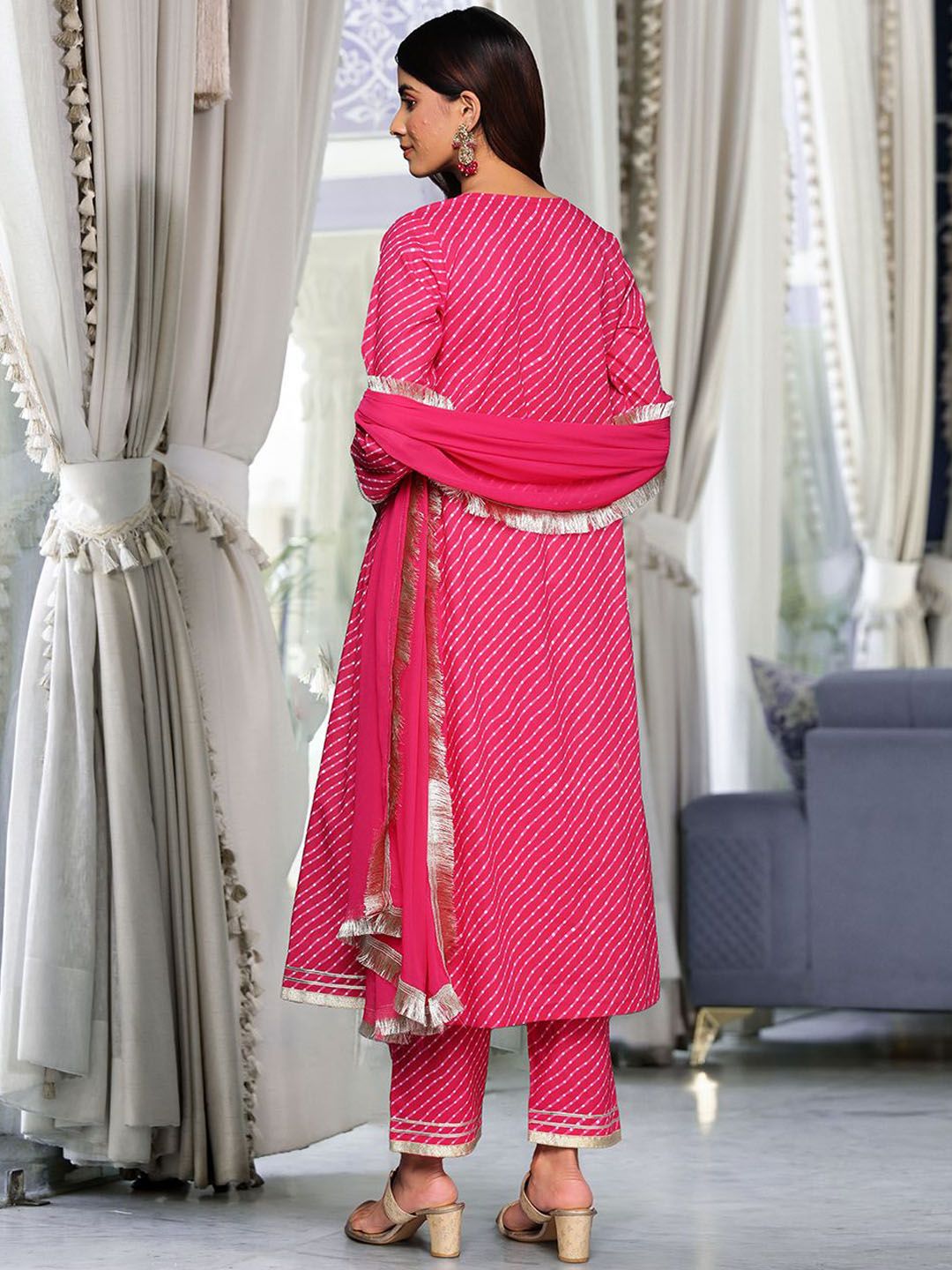 Dhiyona VA Women's Leheriya Printed Pleated Gotta Patti Pure Cotton Kurta with Trousers & With Dupatta