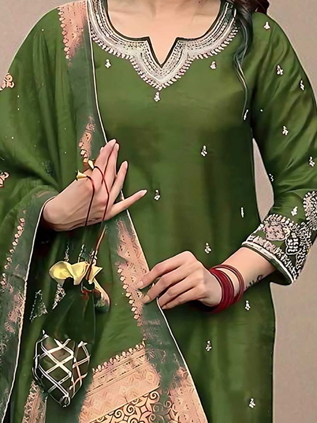 Dhiyona SN Women's Floral Embroidered Sequinned Straight Kurta with Pyjama & Dupatta