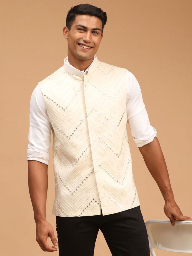 Men's Cream Viscose Straight Nehru Jacket