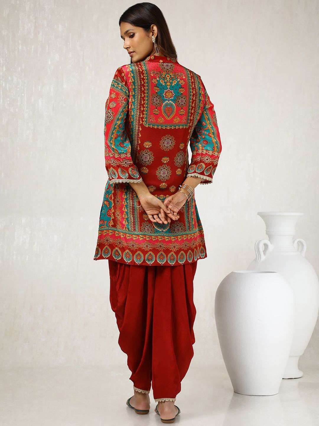 Dhiyona SO Women's Ethnic Motifs Printed Sequinned A Line Kurta with Dhoti Pants