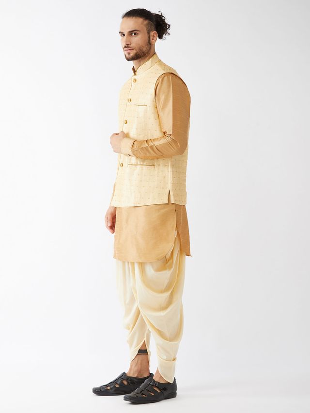 Men's Rose Gold Silk Blend Straight Jacket Kurta and Dhoti Set