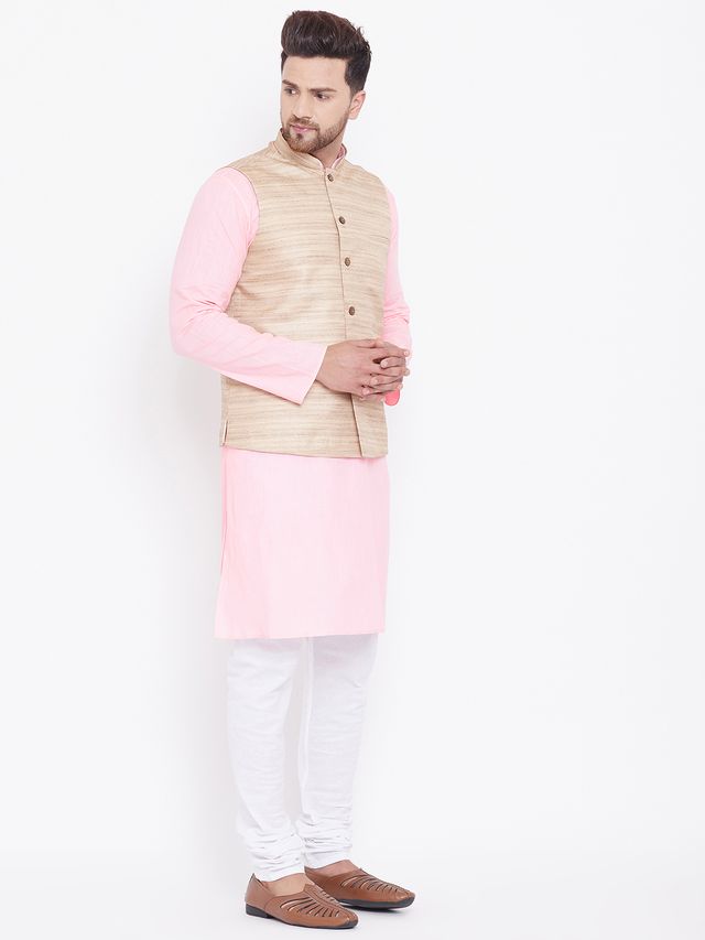 Men's Pink Cotton Blend Straight Jacket Kurta and Pyjama Set