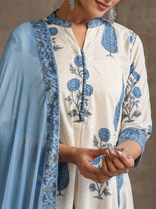 Women's Floral Printed Notch Neck Pure Cotton A-Line Kurta with Palazzos & Dupatta