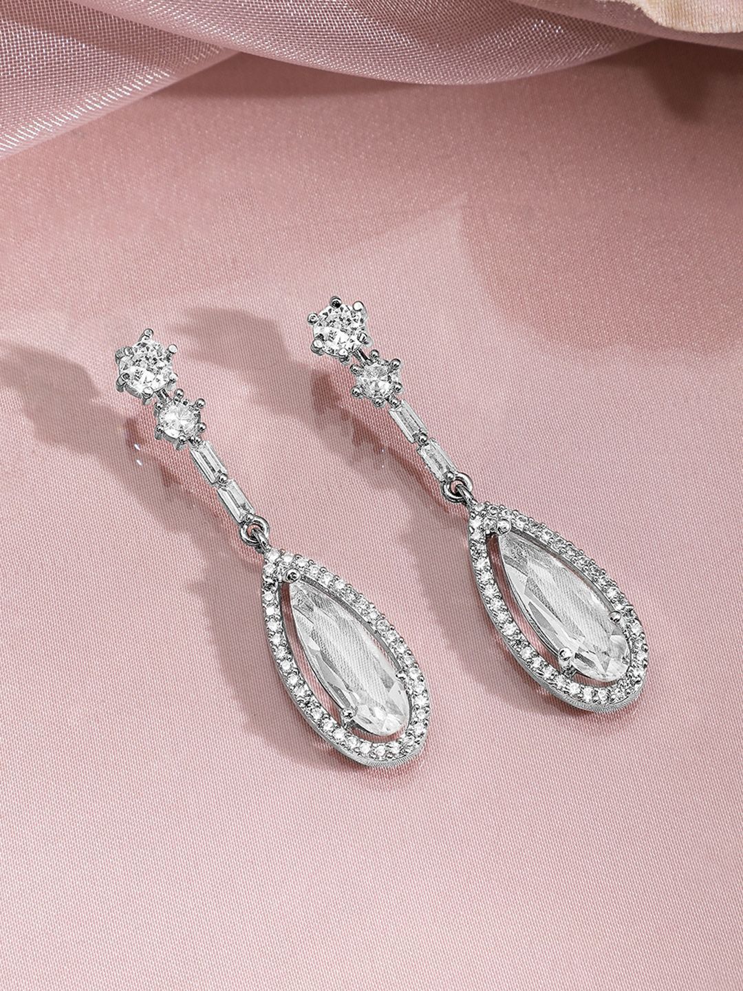 Dhiyona RJ Women's Rhodium Plated AD & Cubic Zirconia Studded Teardrop Statement Jewellery Set