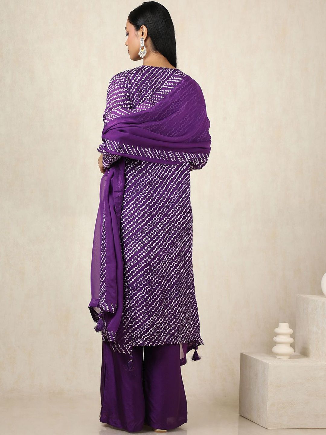 Dhiyona SO Women's Bandhani Printed V-Neck Gotta Patti Straight Kurta With Palazzos And Dupatta