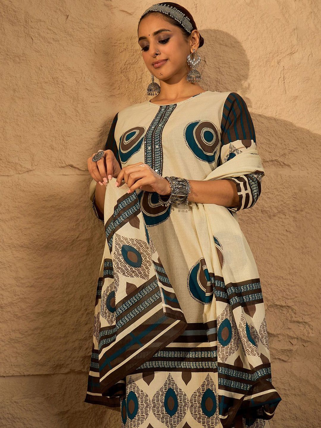 Dhiyona IE Women's Women Abstract Printed Cotton Kurta with Trousers & Dupatta