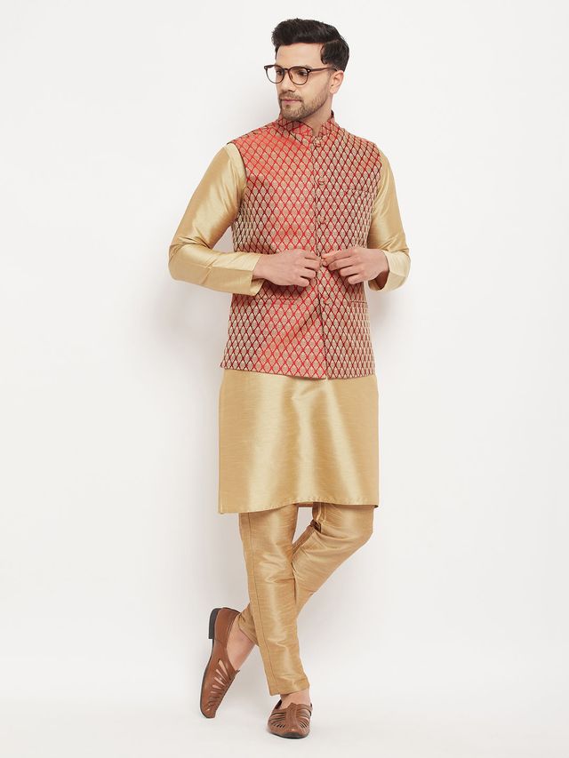 Men's Maroon Silk Blend Straight Nehru Jacket