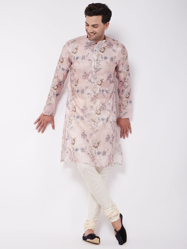 Men's MulticolorBasePeach Cotton Blend Straight Kurta