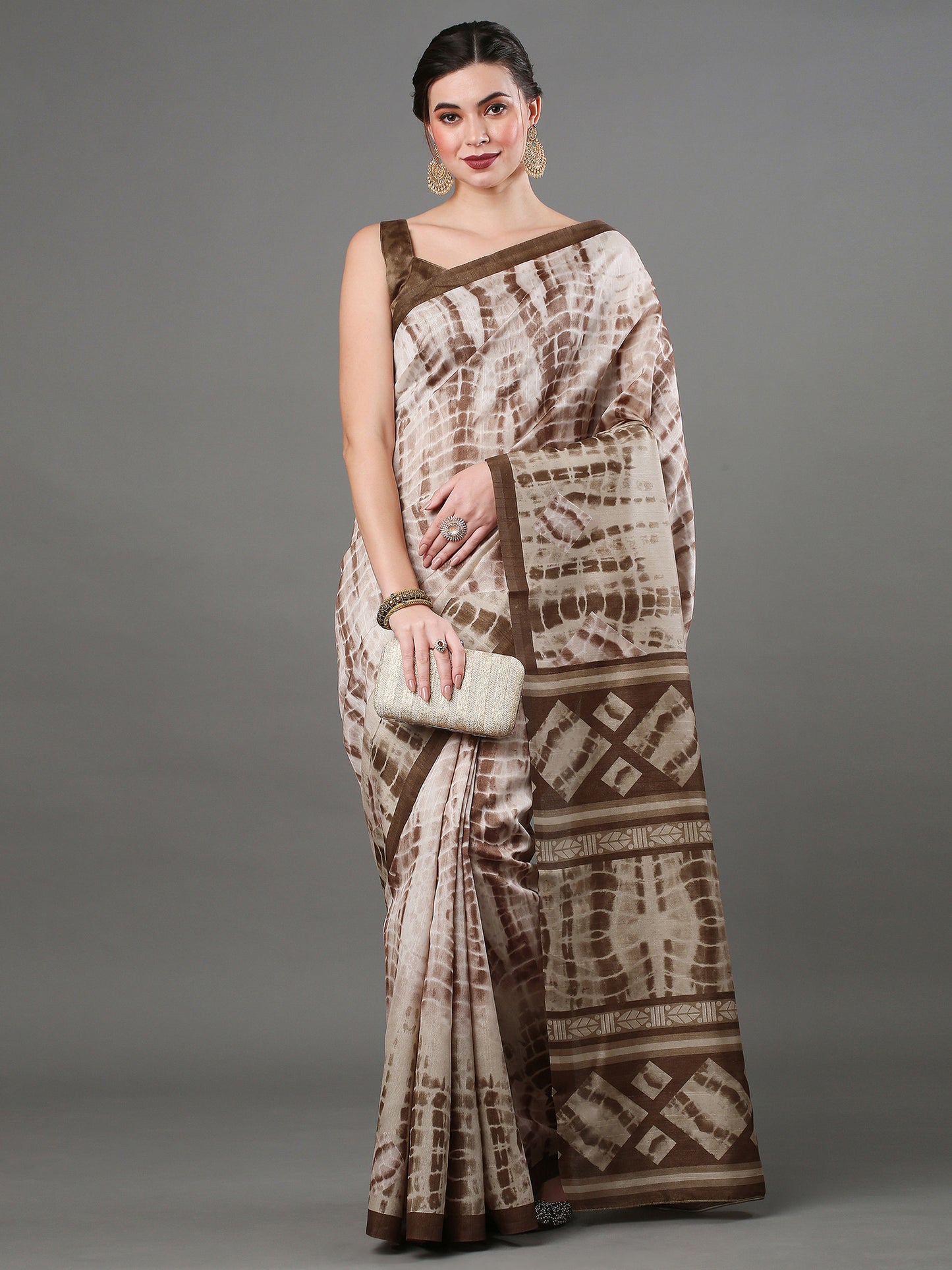 Women's Bhagalpuri Silk Beige Tie-Dye Designer Saree With Blouse Piece