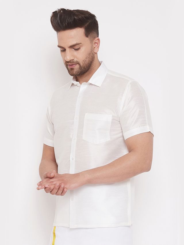 Men's Cream Silk Blend Straight Shirt And Mundu