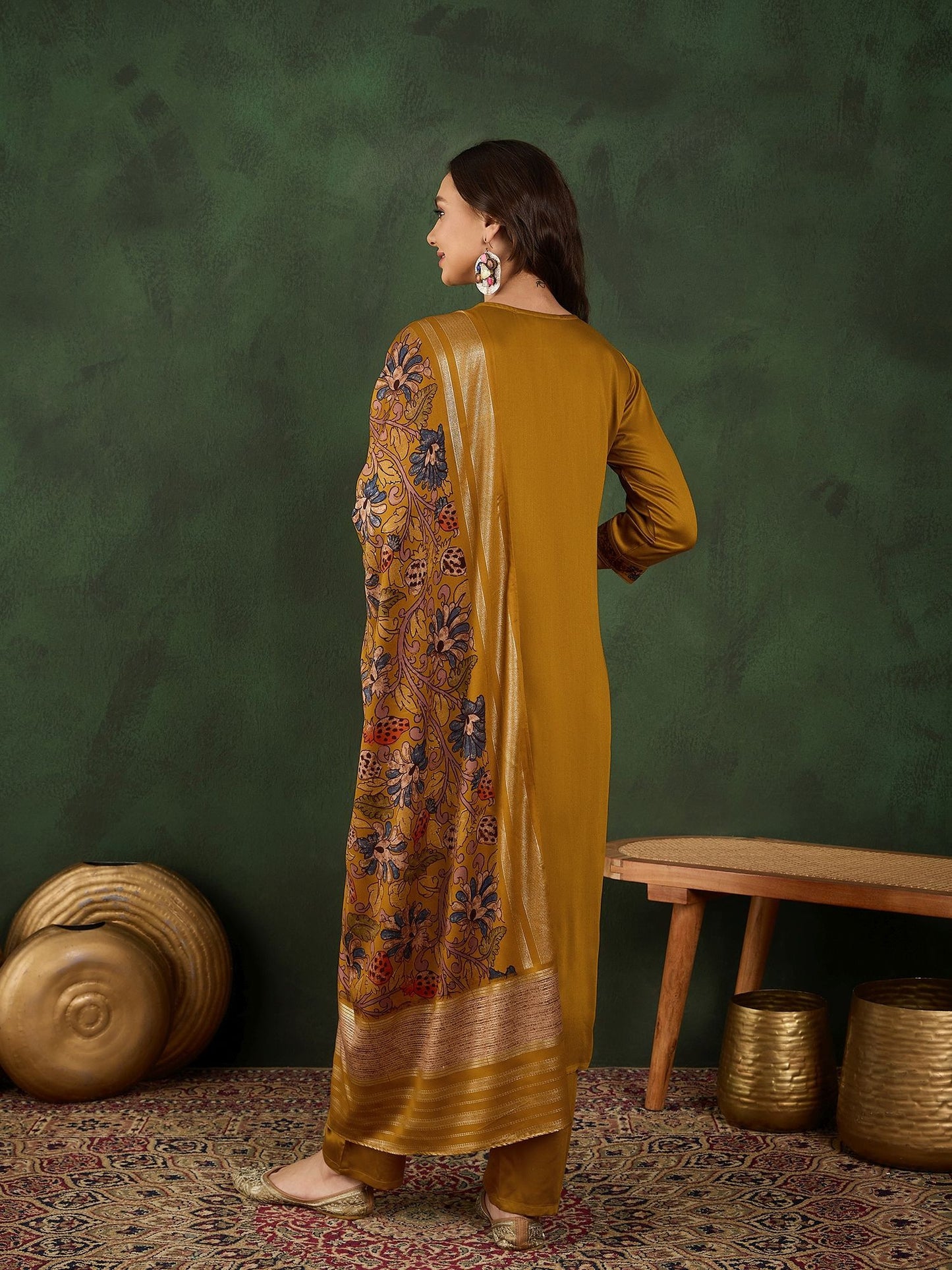 Dhiyona SN Women's Floral Printed Sequinned Straight Kurta With Trouser And Dupatta