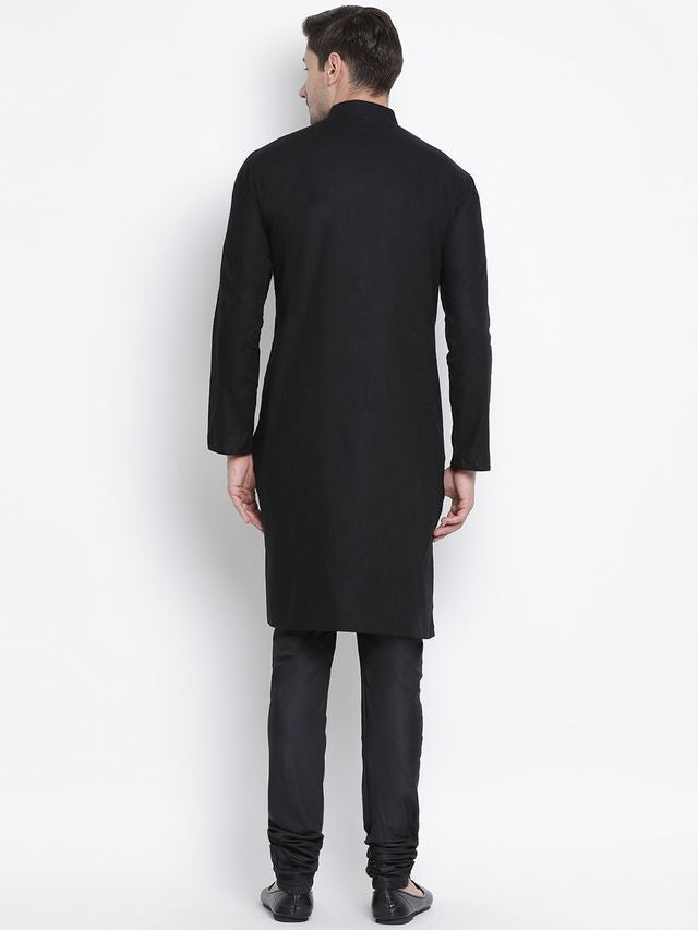 Men's Black Cotton Linen Straight Kurta Pyjama Set
