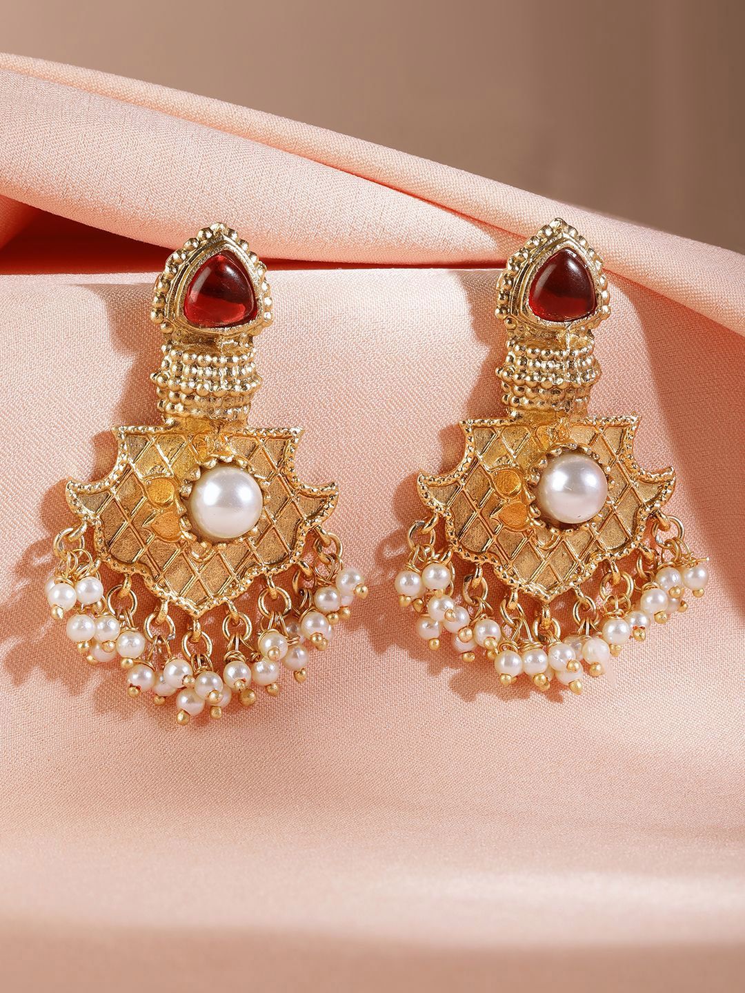 Dhiyona RJ Women's 22K Gold Plated Ruby & Pearl Studded & Beaded Handcrafted Traditional Chandbali