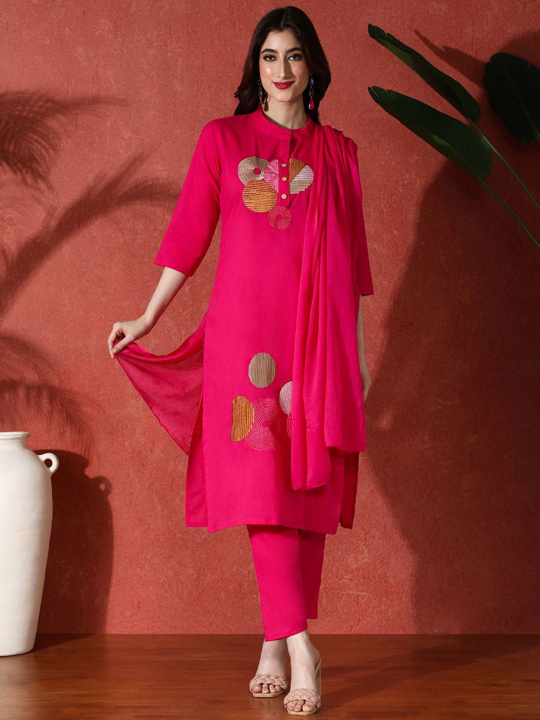 Dhiyona SN Women's Embroidered Pure Cotton A-Line Kurta & Trouser With Dupatta