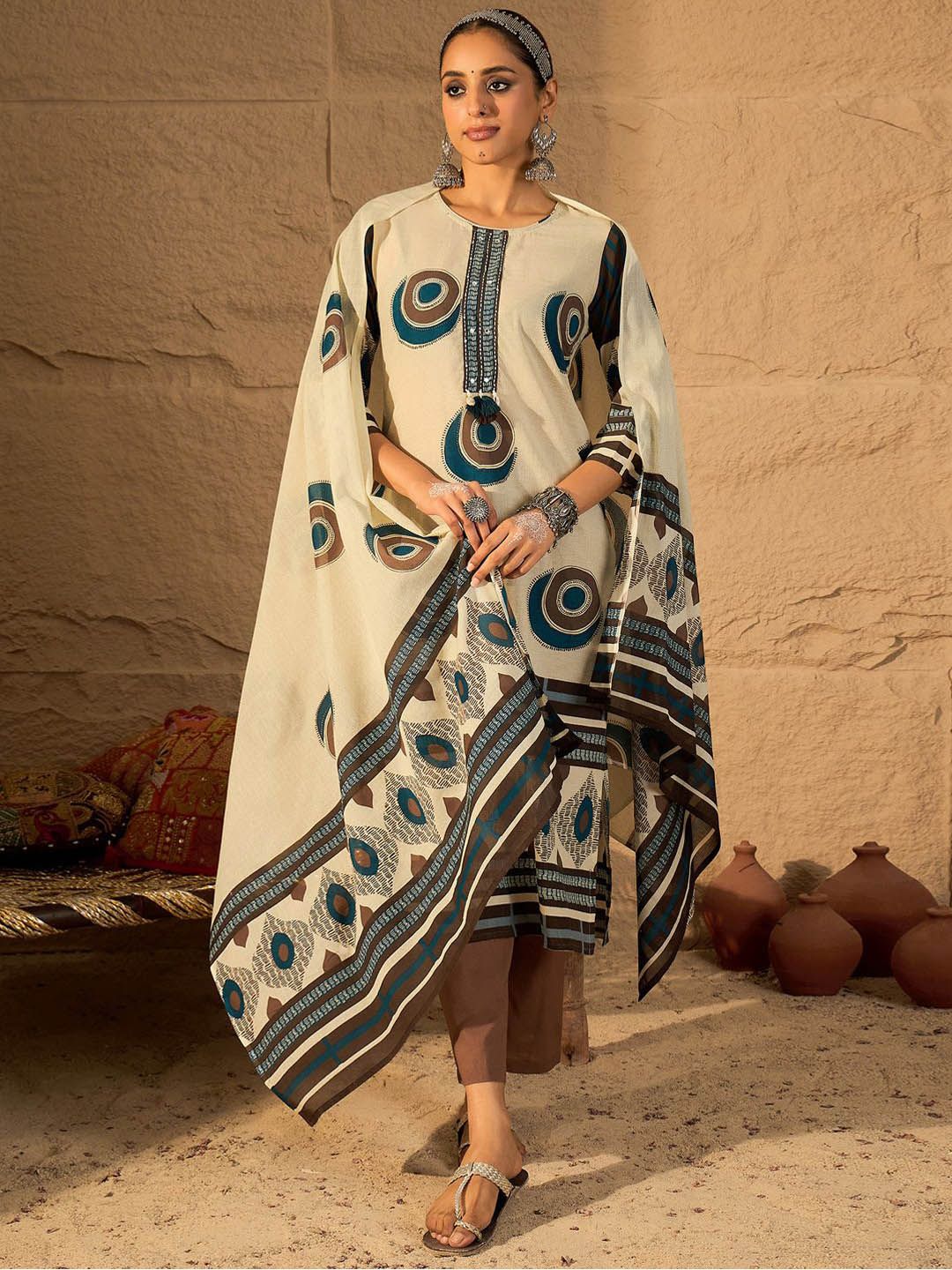 Dhiyona IE Women's Women Abstract Printed Cotton Kurta with Trousers & Dupatta